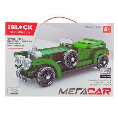 Конструктор IBLOCK МЕГАCAR PL-921-336, зеленый ретро автомобиль, машинка, 357 дет., инерционный механизм