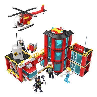 Конструктор Cogo Fire Пожарный участок 4177, пожарная машина, вертолет, блочный, 862 дет., игрушка
